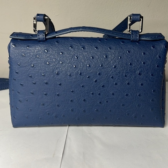 Blue Ostrich Pattern Rice Box Small Crossbody Bag Vegan Leather Handbag - Picture 4 of 6
